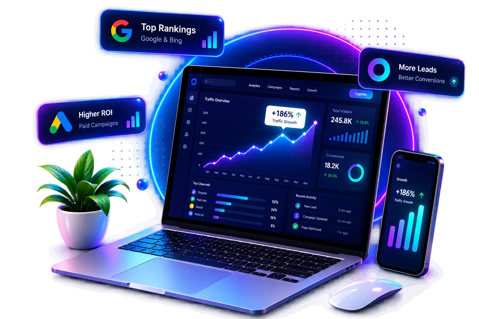 Chivexa Media analytics dashboard on a laptop with a phone, floating growth metric cards, and a potted plant